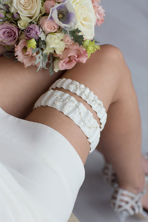 White Bridal Garter Ruffle Flower Embroidery by Liumy Design Atelje - Liumy 