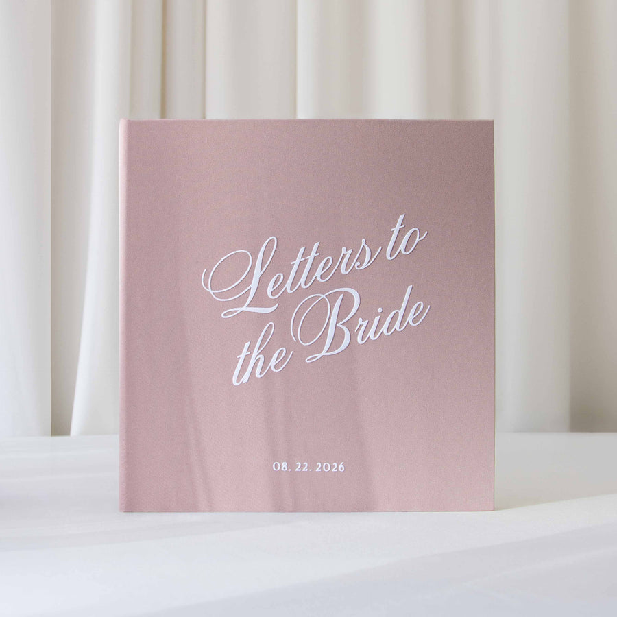Romantic Vintage Rose Letters to the Bride keepsake book with white script personalization and wedding date.