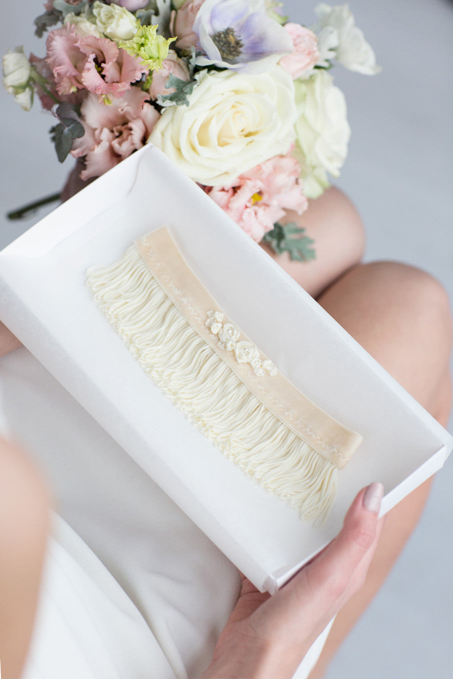 Bridal Garter Ivory Stripes Flower Embroidery by Liumy Design Atelje - Liumy 