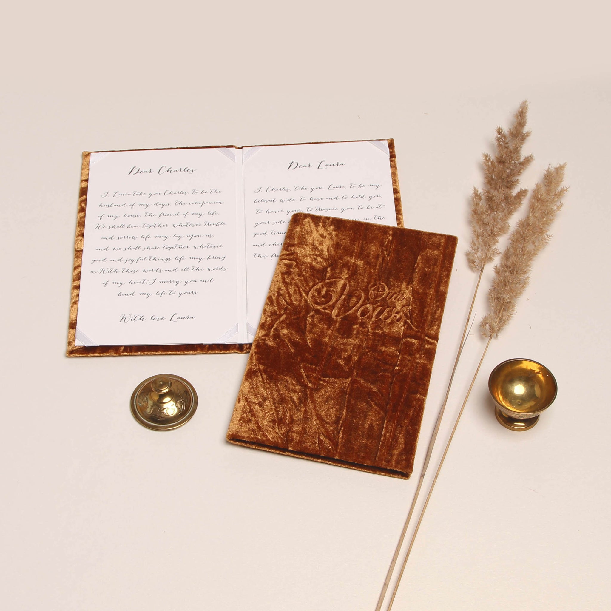 Gold Brown Velour Wedding Vow Books, Keepsake Calligraphy Her Vows Bride and Groom Ceremony - Liumy 