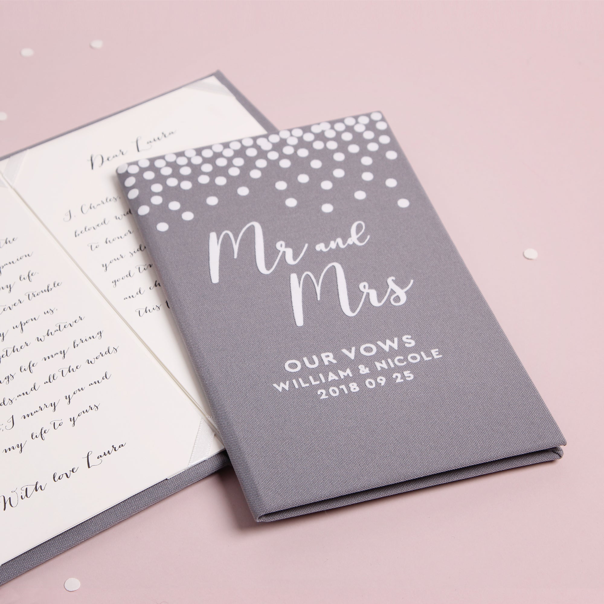Personalized Wedding Vow Books White Velour Gray Dots Vows Bride and Groom Ceremony - Liumy 