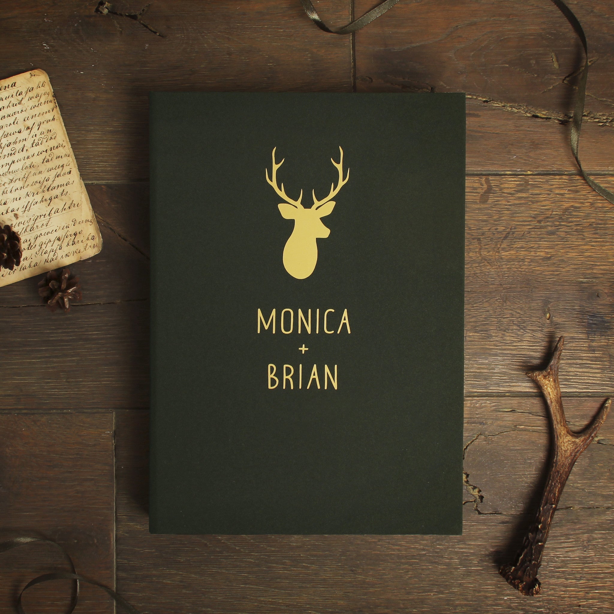 Woodland Deer Wedding Guestbook with Gold Foil Lettering- Natural Green Instax Mini Album - Forest Wedding Album - by Liumy - Liumy 